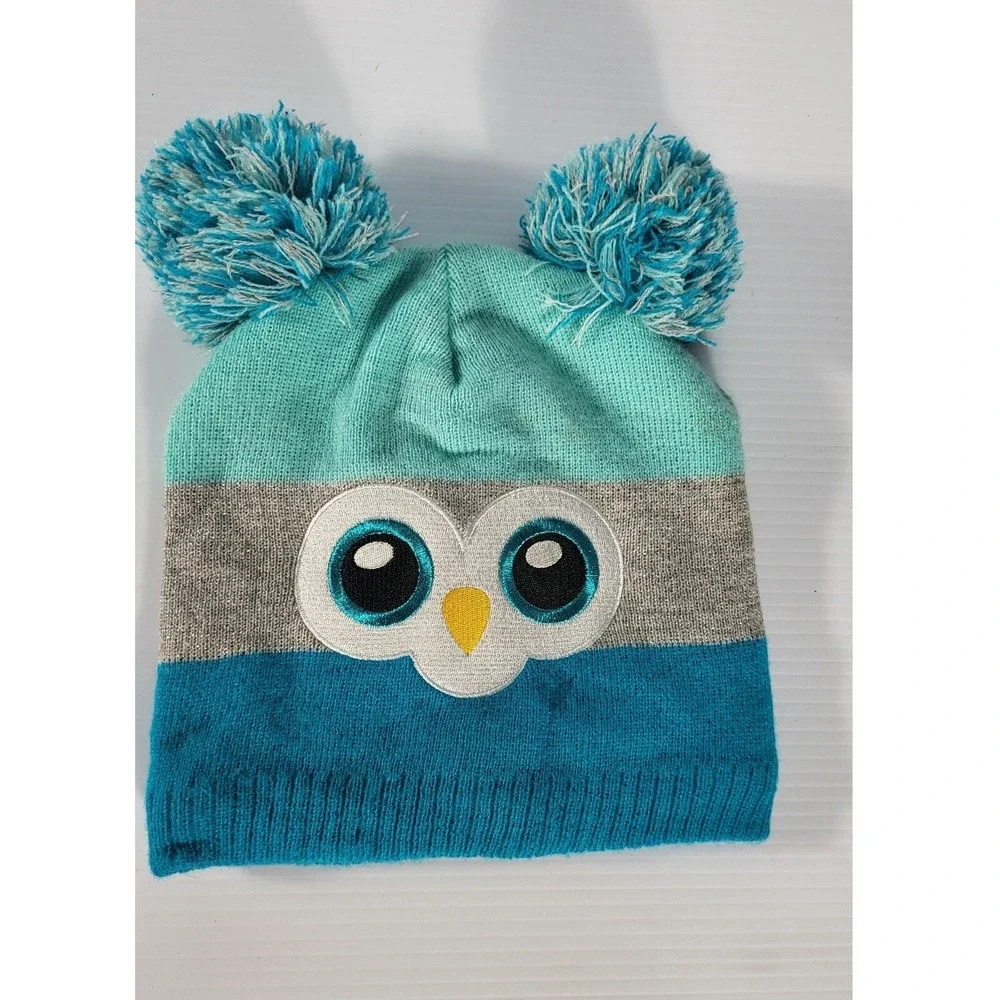 Owl Pom Pom Beanie Hat Winter Knit Warm Fleece Lined OSFM